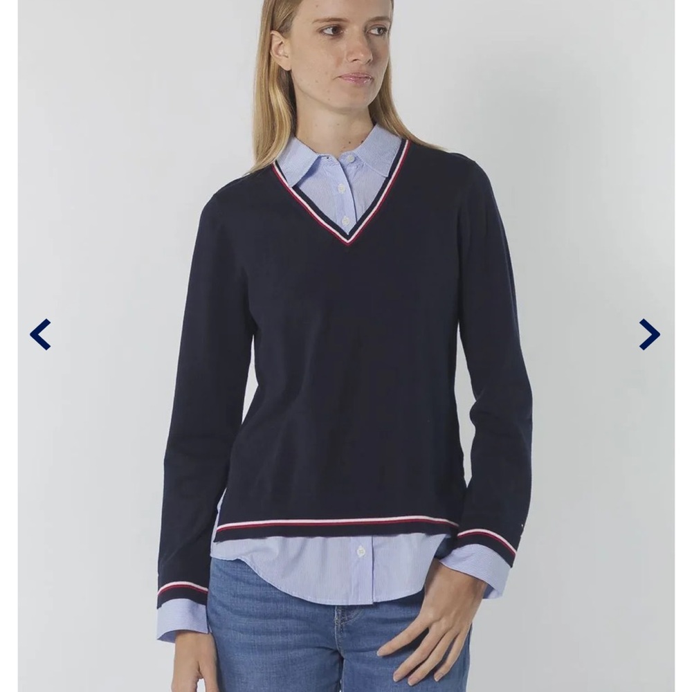 Tommy Hilfiger Dark Blue V-Neck Sweater with Red and White Accents